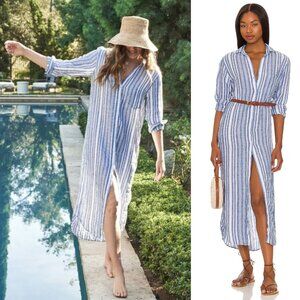 Frank & Eileen Rory Multi Blue Striped Linen Midi Shirt Dress Size S